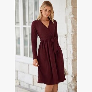 NWT Newshows Wine Red Long Sleeve V-Neck Sweater Dress